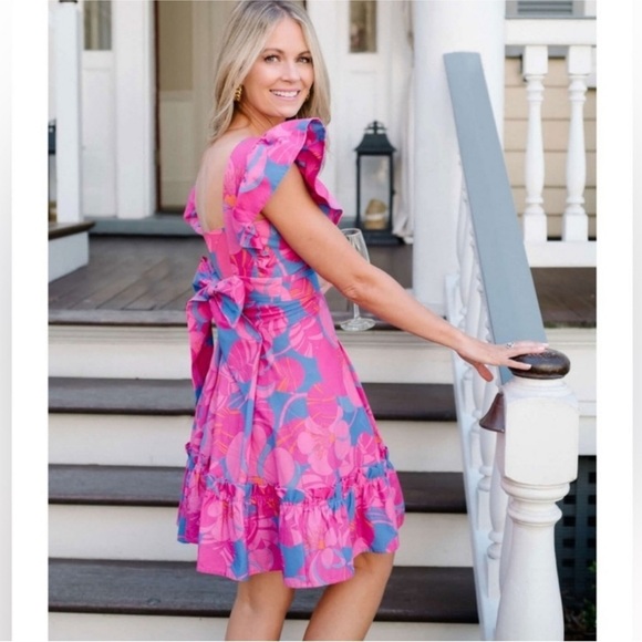 Tuckernuck Cameran Eubanks Wild Azalea Edisto Dress Pink Blue Ruffle - Picture 3 of 12
